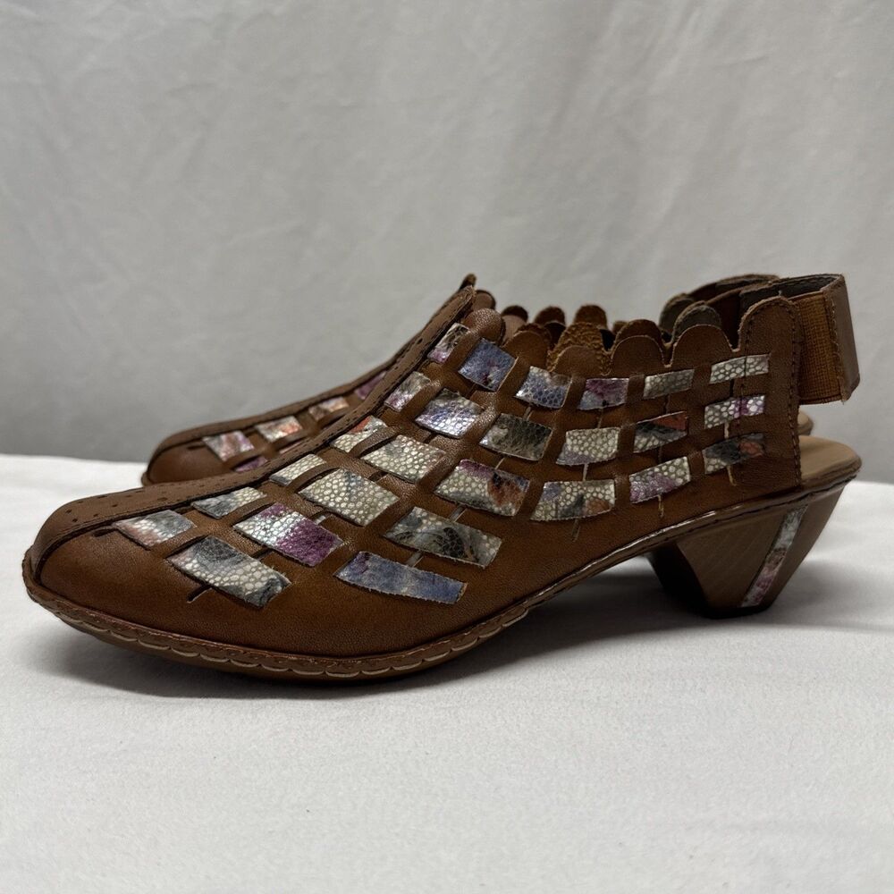 Rieker Women's Antistress Sina Tan Leather Woven Sandals 38 7.5 Comfort  New